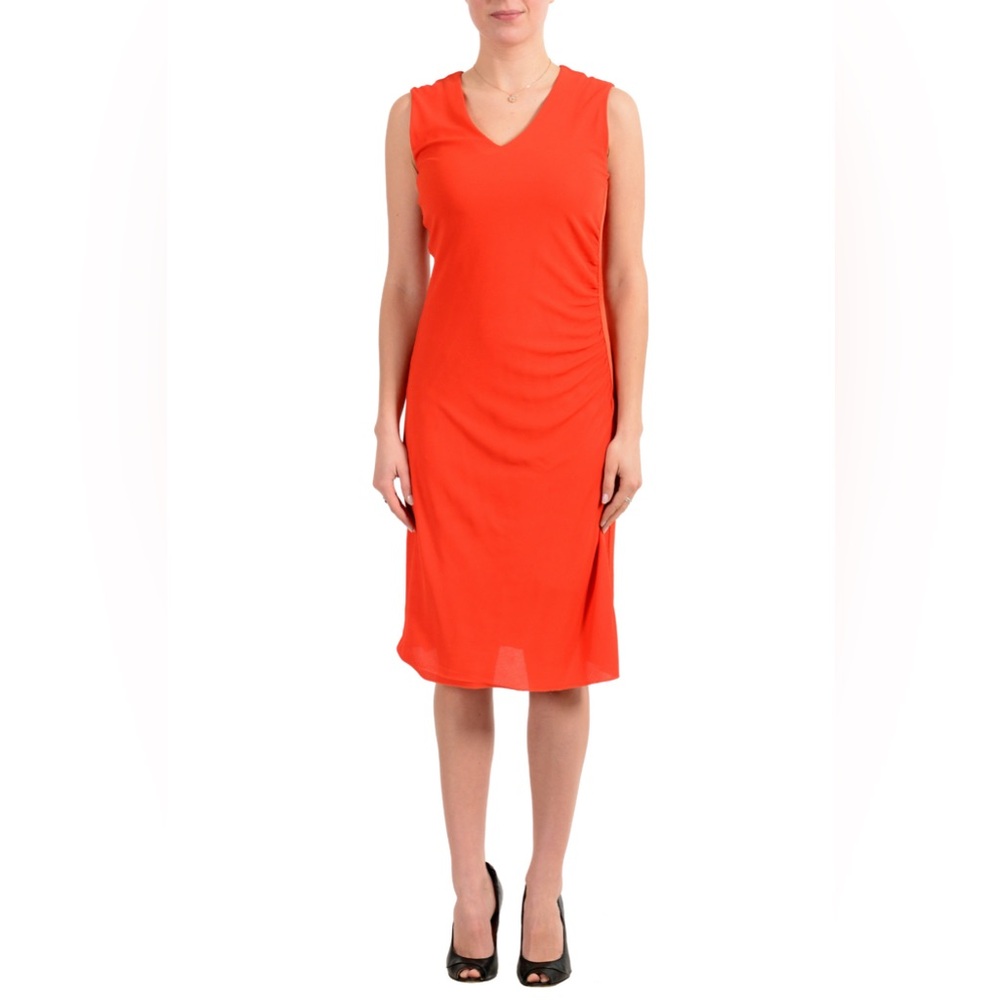 Hugo Boss erela Vibrant Red orange Ruched V-Neck Sleeveless Sheath Dress small